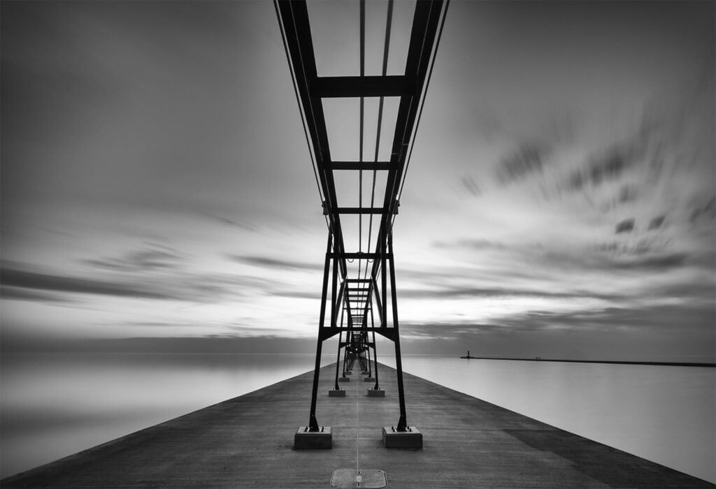 Pier structure at Artprize in monochrome, showcasing artistic maritime installation.